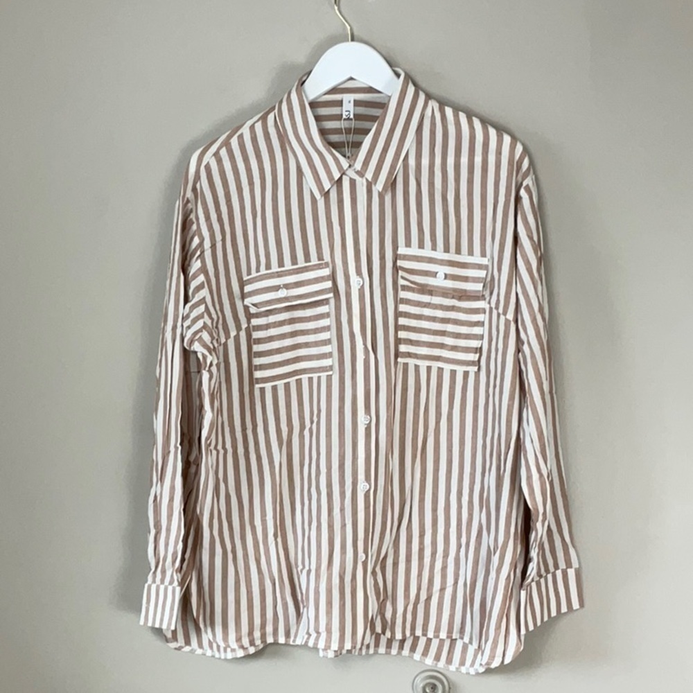 OMSJ Women's Striped Button Down Shirts brown - Picture 2 of 8